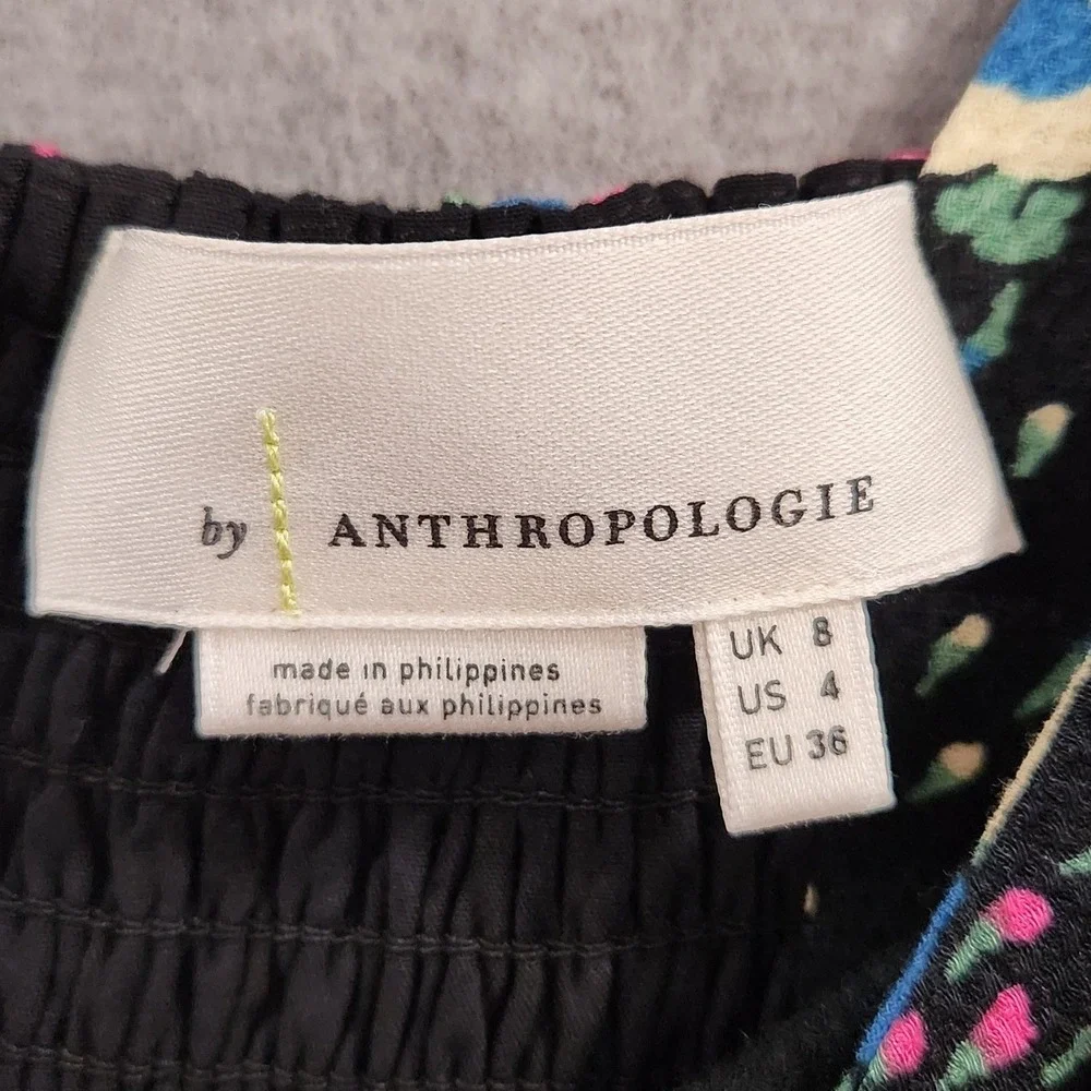 Anthropologie Floral Puff Sleeve Smocked Back Midi Dress Black Multicolor Size 4